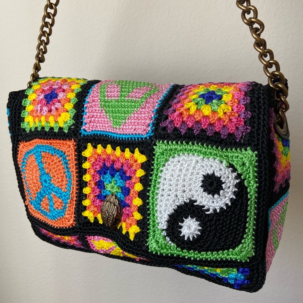 Kurt Geiger peace & love large patchwork Kensington crochet shoulder bag